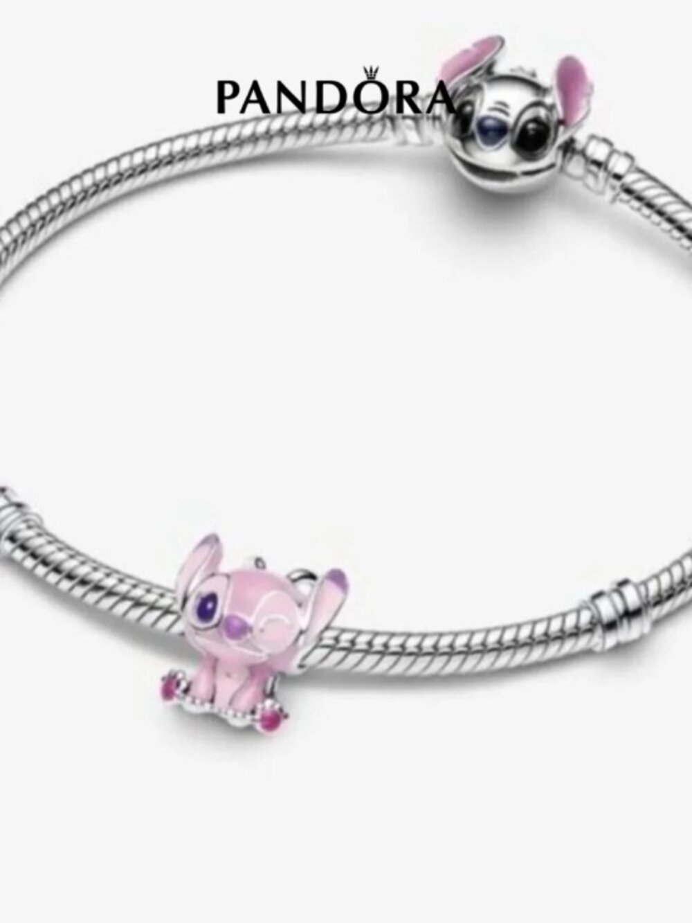 Pandora Pink Stitch Enamel Charm Bracelet with Silver Snake Chain